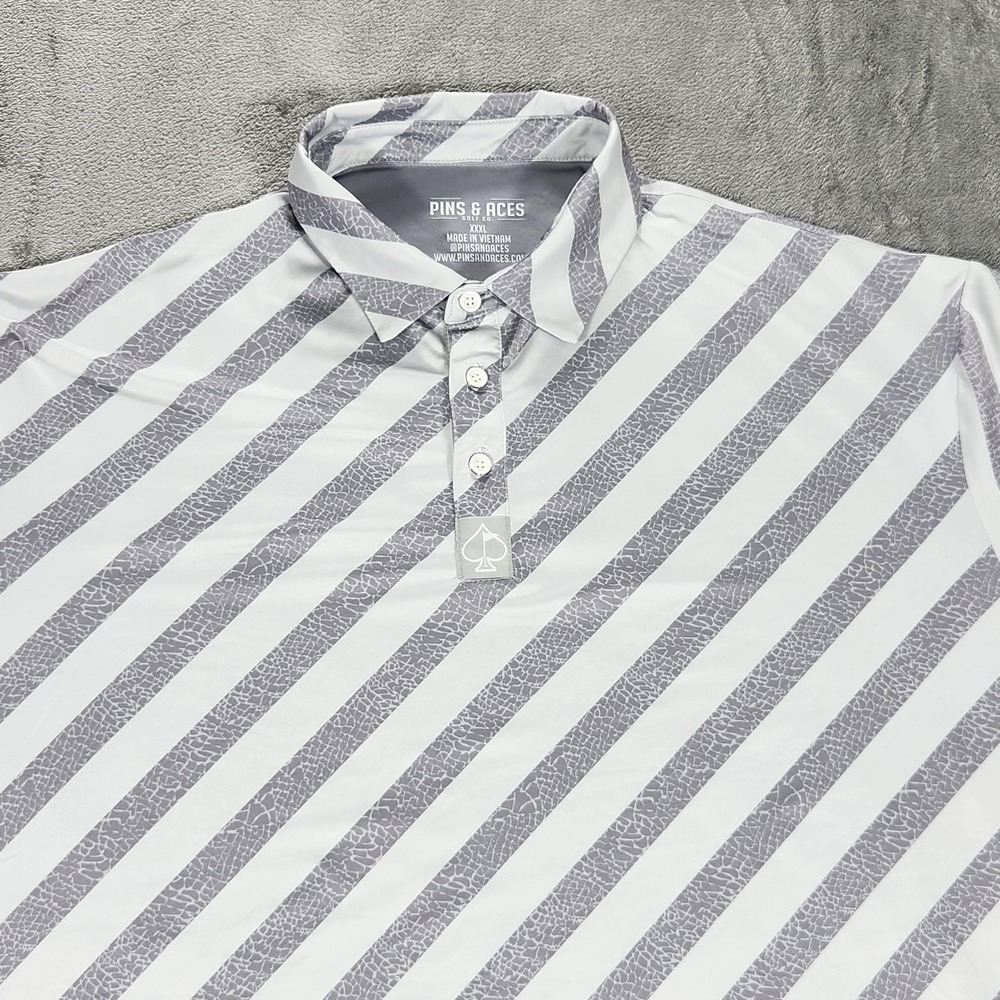 Pins & Aces Polo Shirt Mens 3XL Gray‎ White Diagonal Stripe Golf Stretch